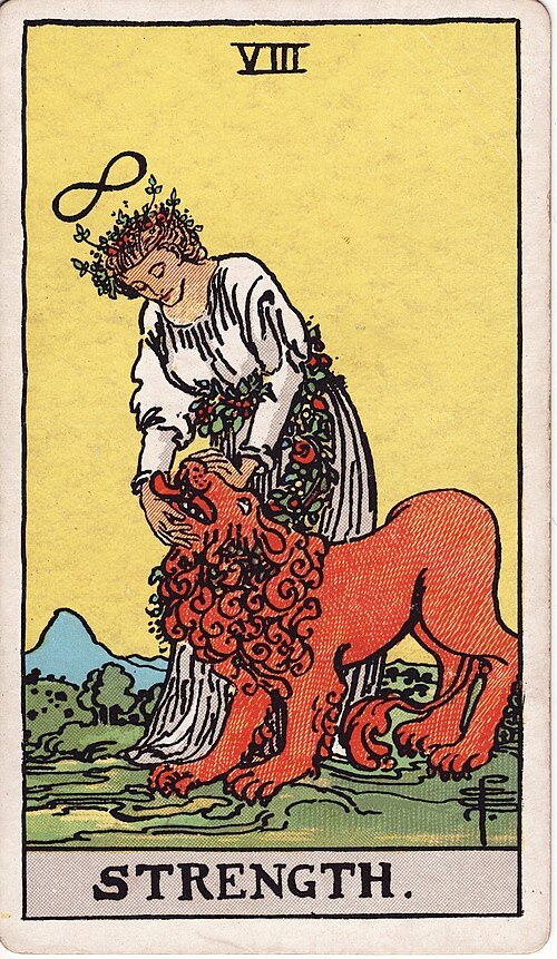 Strength, Rider–Waite–Smith tarot card illustrated by Pamela Colman Smith