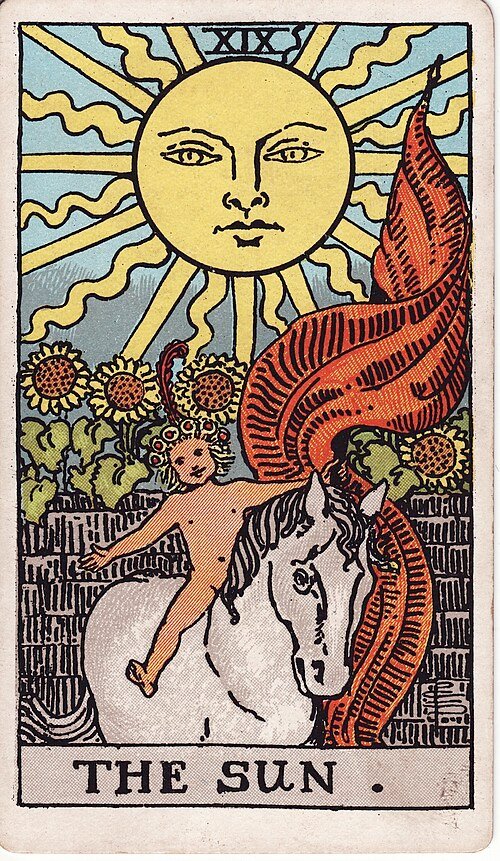 The Sun, Rider–Waite–Smith tarot card illustrated by Pamela Colman Smith