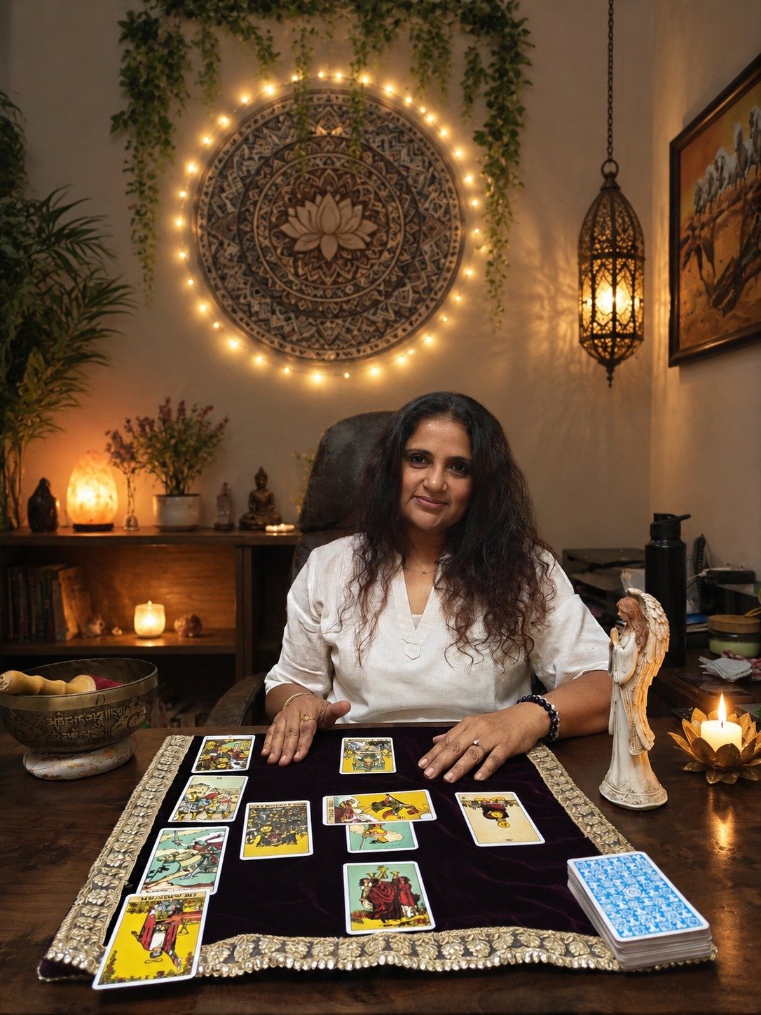 Moneka seated at her tarot table in her warmly lit consultation space